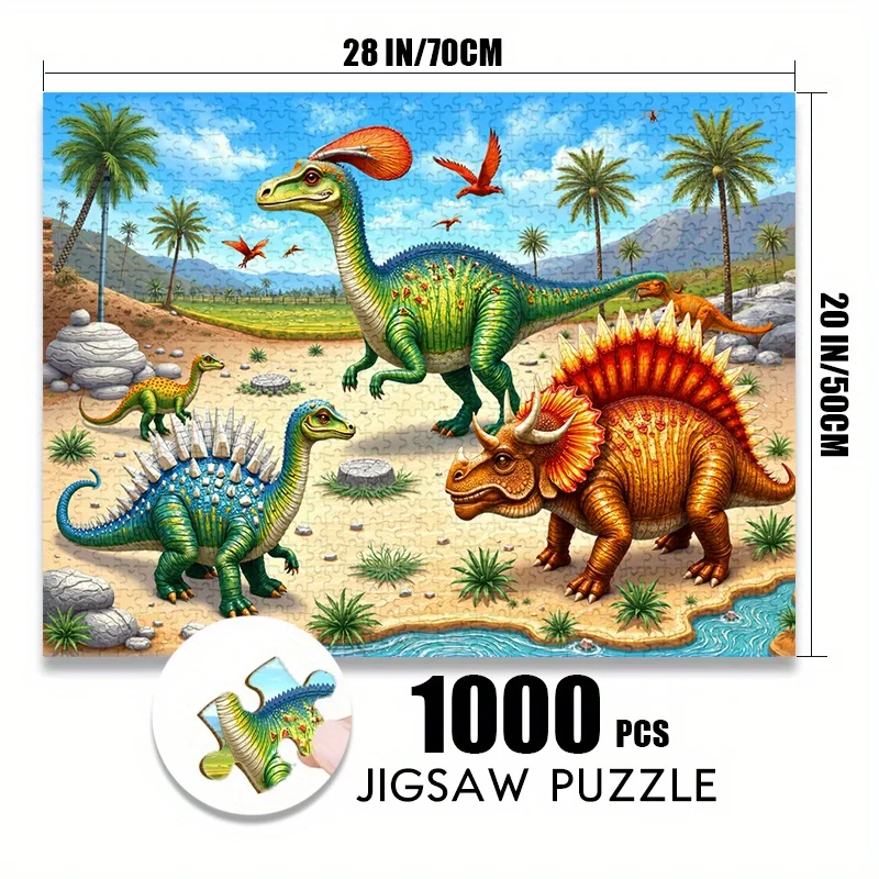 500/1000pcs Paper Jigsaw Puzzle - Cartoon Dinosaur Tropical Jungle Theme, Large Puzzle Toy for Adults, Family Interactive Game