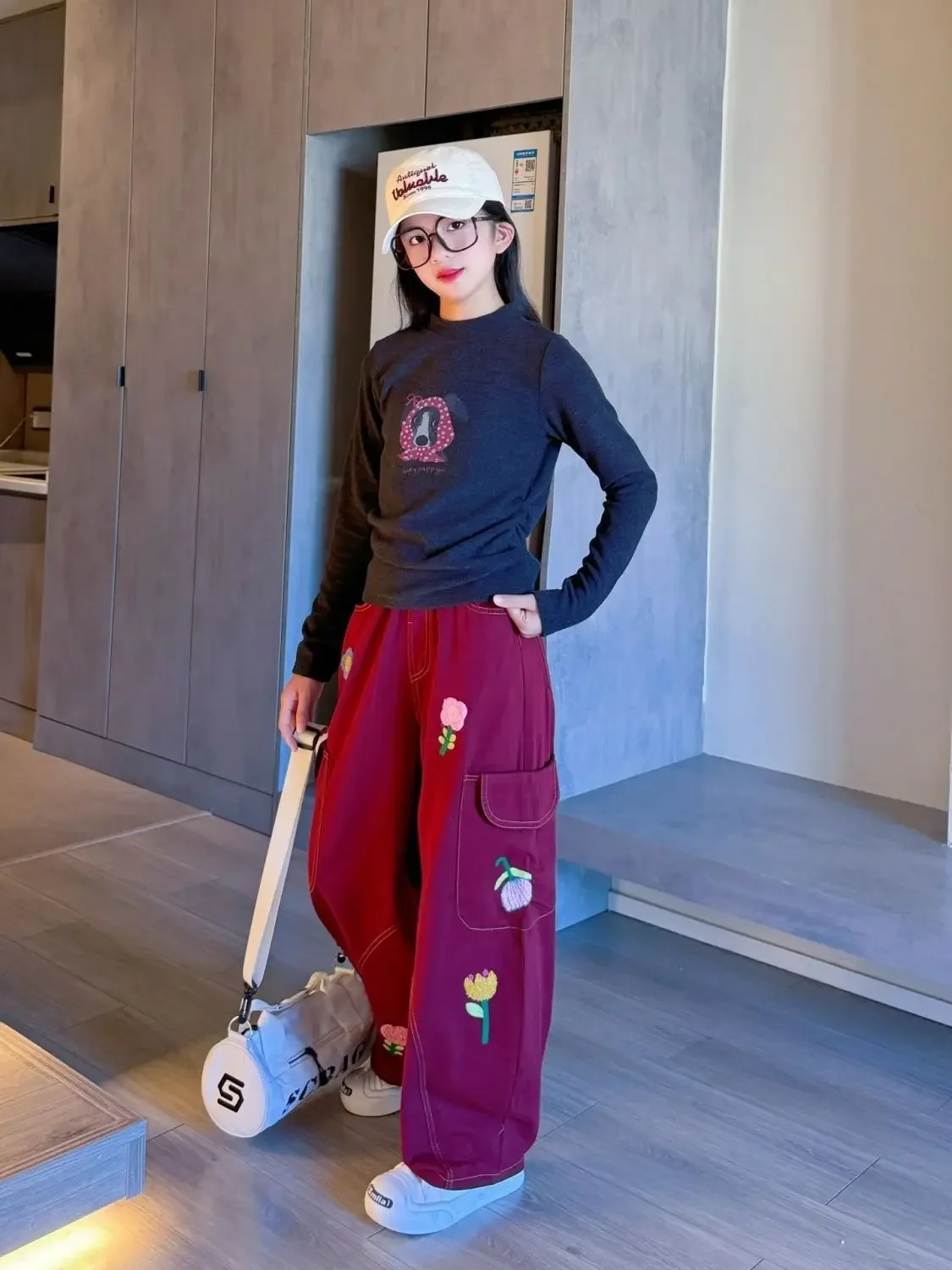 Vintage Floral Print Girls' Cargo Pants Burgundy Spring Middle School Workwear Slimming Versatile Trousers with Multiple Pockets 5