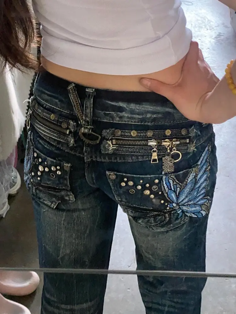 American Fashion Trend High Street Large Size Butterfly Embroidered Women Jeans Y2K Millennium Harajuku Punk Slim Flared Jeans
