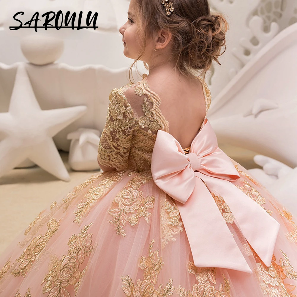 Luxury Gold Lace Appliques Wedding Flower Girls Dress Half Sleeves Designer Ball Gown Prom Dress For Children Birthday Gown