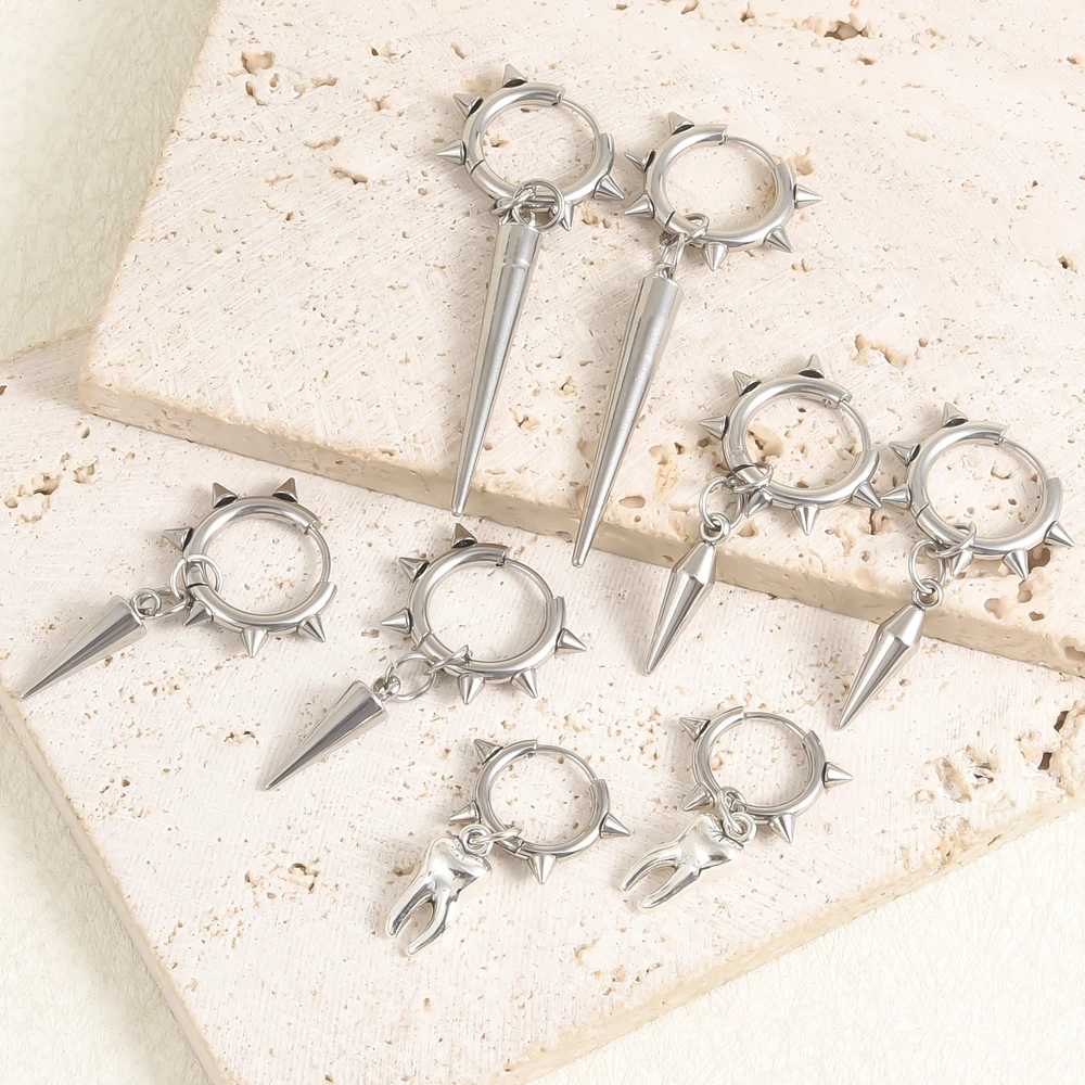 1Pair Stainless Steel Personality Rock Spike Rivet Thorns Dangle Aretes Women Hip Hop Harajuku Teeth Goth Hoop Earrings Jewelry