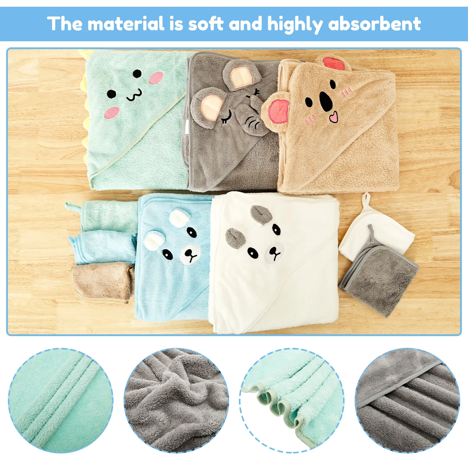 15Pcs Hooded Baby Towel and Washcloth Set Absorbent Coral Fleece Newborn Bath Towel for Girl Boy Infant Toddler Bathrobe Blanket