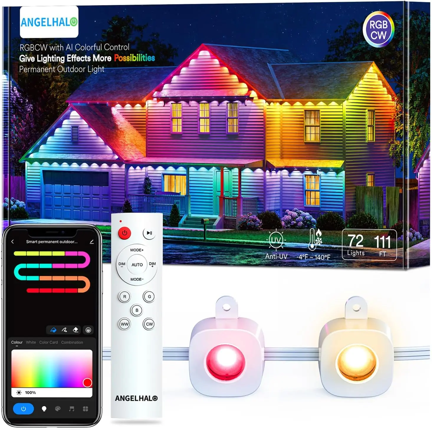 72 LED Lights, Cool/Warm Eaves Lights IP65 Waterproof for Christmas, H