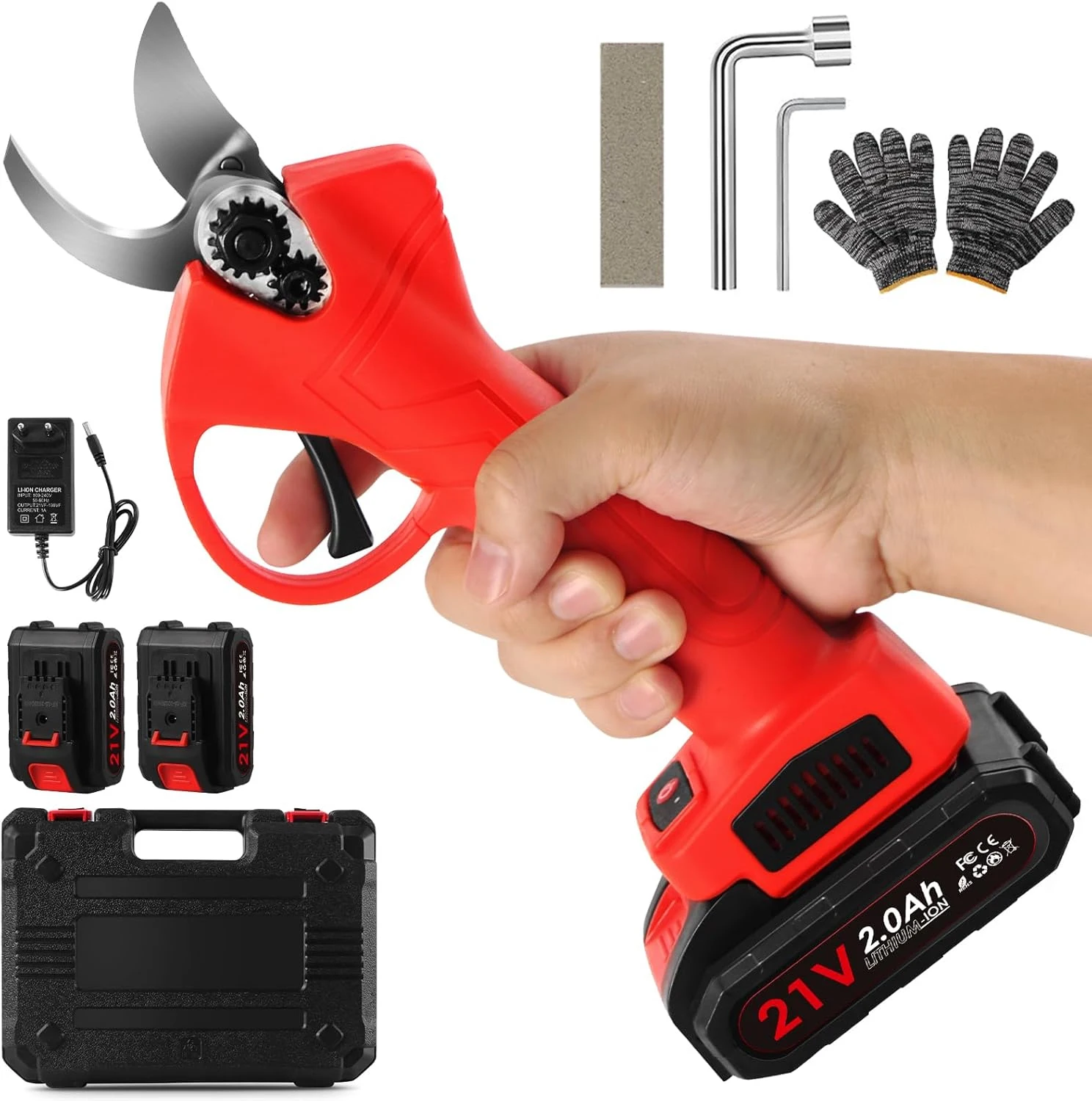 Forbici da potatura elettriche senza fili a batteria, 21V, con motore brushless, lama curva in acciaio SK5, diametro di taglio regolabile da 15 a 30 mm, doppia batteria al litio da 2000 mAh, doppio