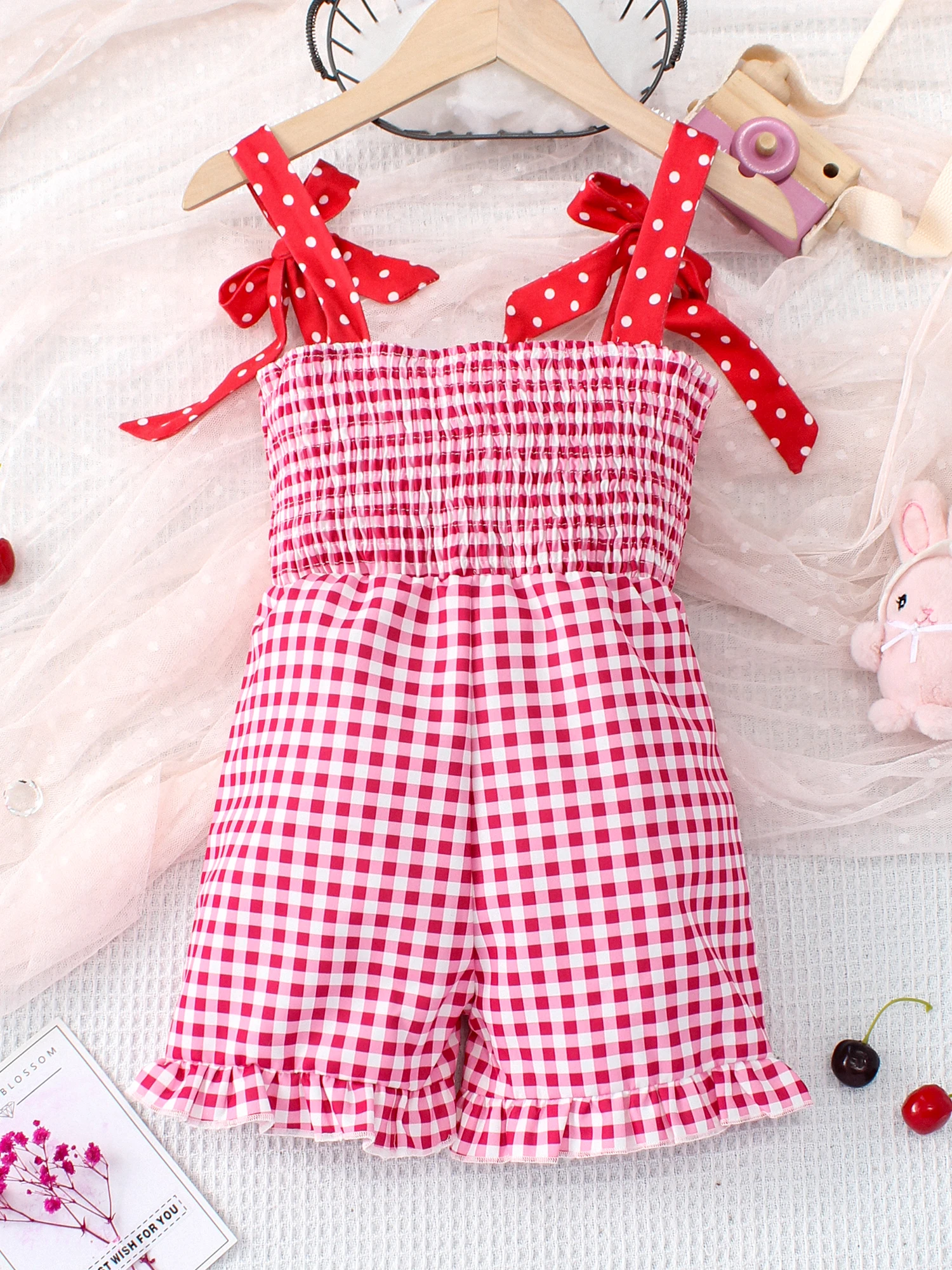 1PCS Summer Girl Sling jumpsuit Fashion plaid red embroidered strawberry pattern cute and playful girl baby