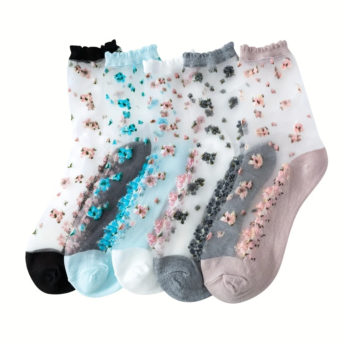 Women's 5-Pair Pack Ditsy Floral Polyester Knee-Length Socks with Lettuce Trim – Stylish & Comfy