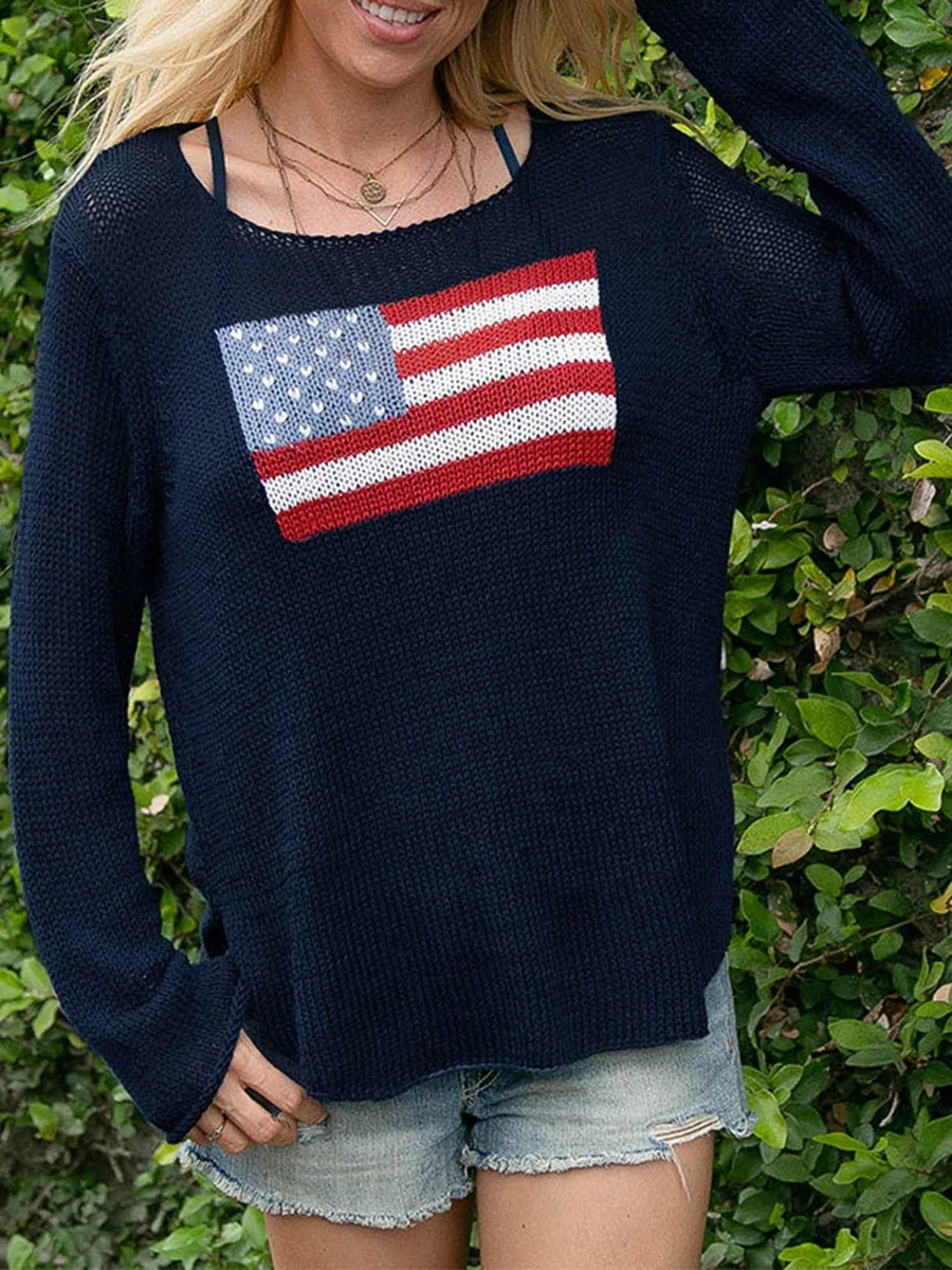 

Women s Spring Autumn Knit Sweater Long Sleeve Crewneck Flag Print Loose Fitting Knitwear