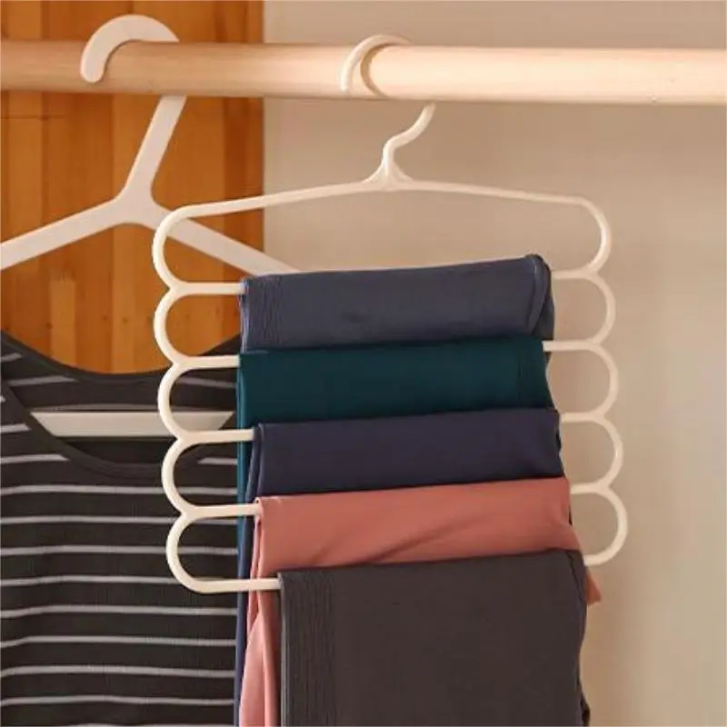 5-Layer Pants Hanger: Durable, Multifunctional Plastic Rack with Simple Solid Color & Simple Scarf Storage