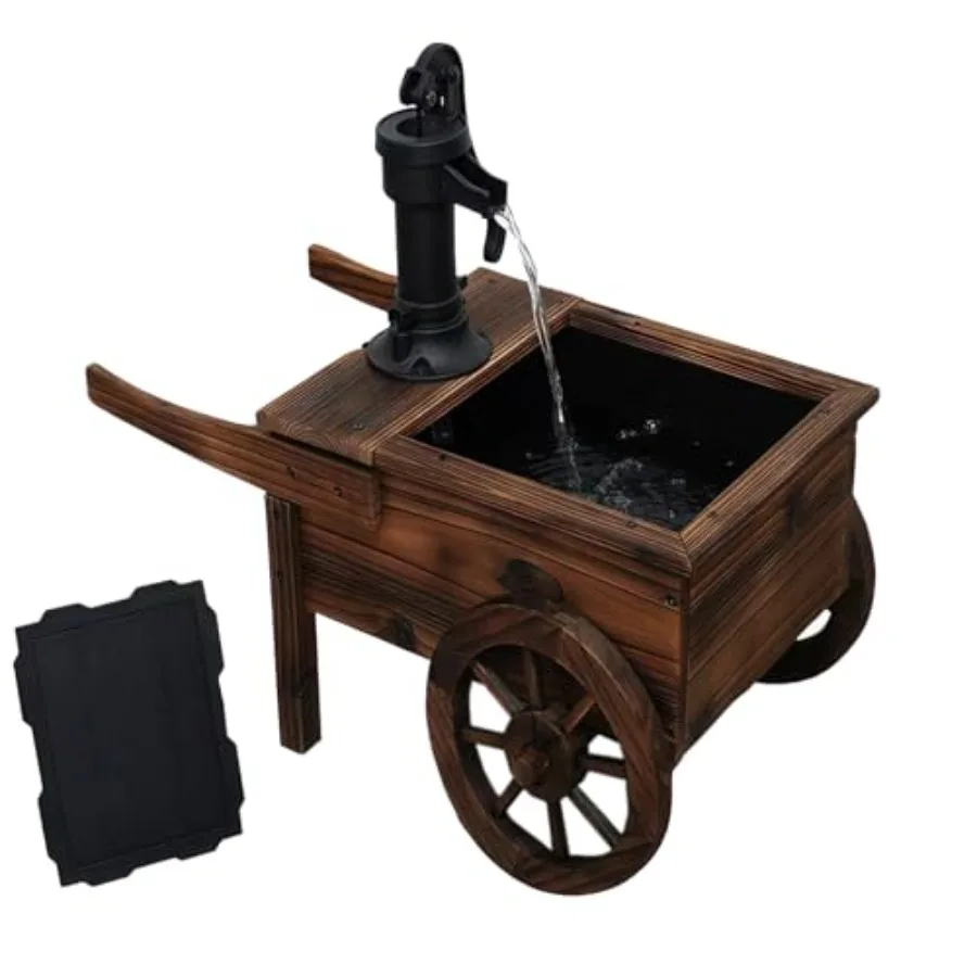 Carbonized Wood Outdoor Freestanding Fountain - Movable Vintage Hand Pump Cart, Solar-Powered Electric Decorative Water Feature