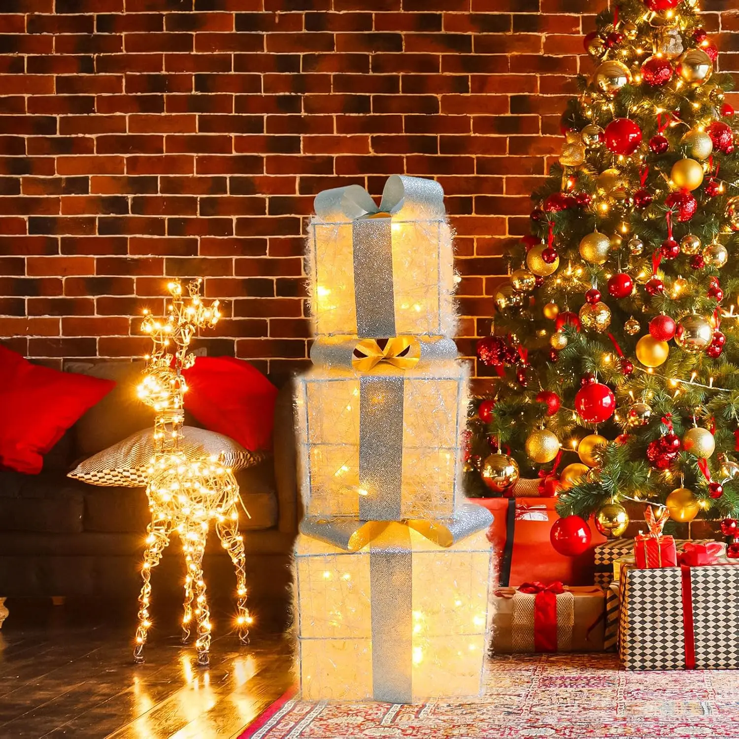 3 قطع من صندوق هدايا عيد الميلاد LED، زينة شجرة عيد الميلاد، دعائم تزيين عطلة هدية عيد الميلاد، ديكور الموقد والنافذة
