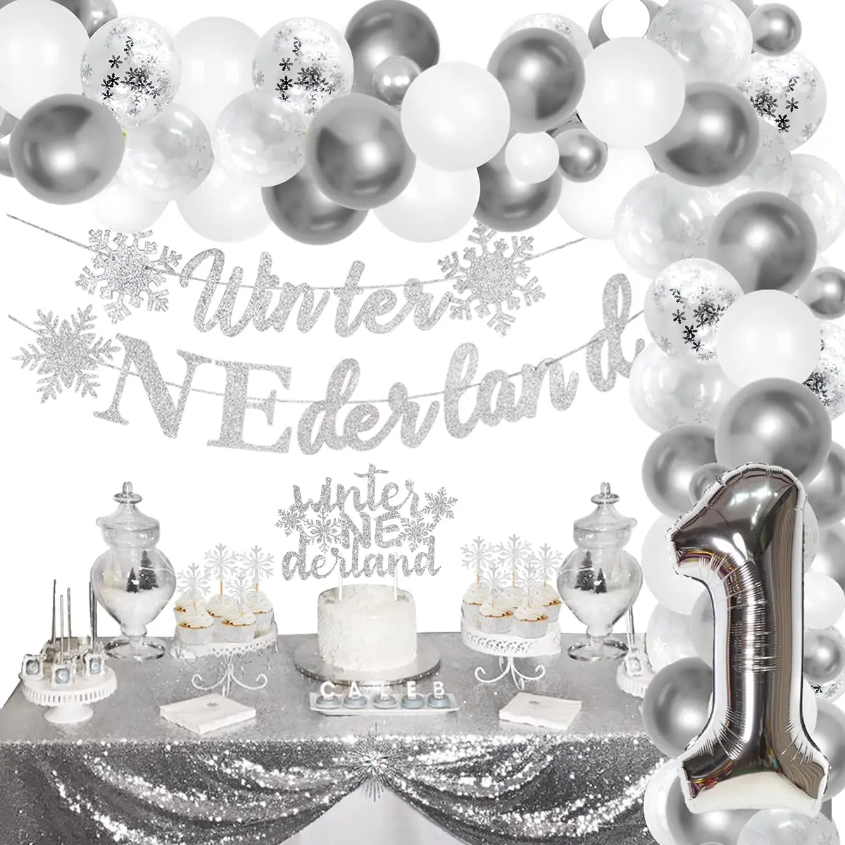 Frozen Theme Snowflake Winter Onederland 1st Birthday Party Decorations Silver Balloon Garland Kit for Boys Girls First Birthday