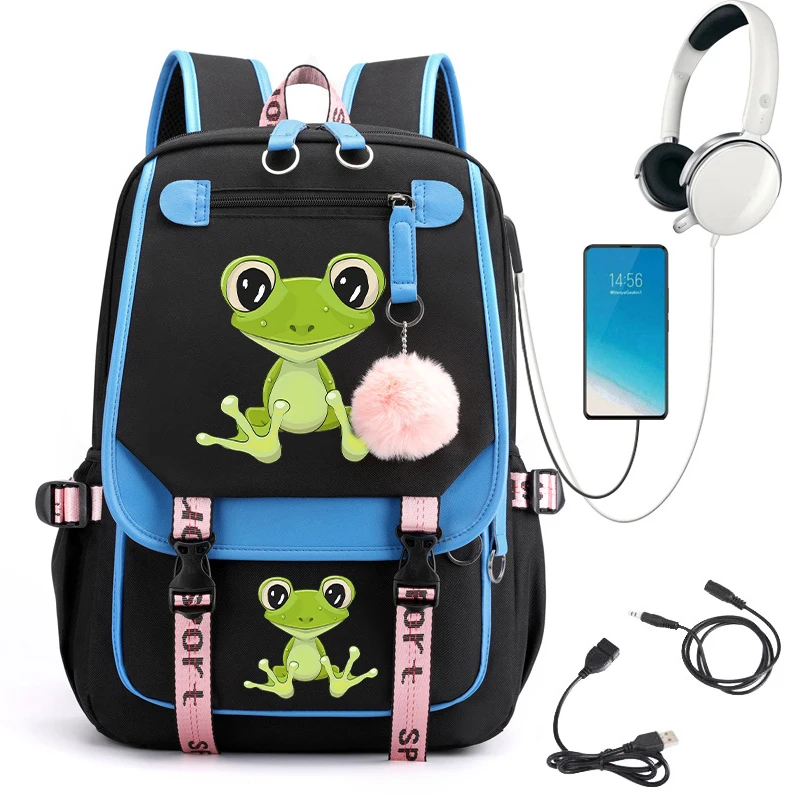 Mochila escolar Kawaii para estudiantes universitarios, morral impermeable con estampado de rana y dibujos animados, bolsa de viaje con Usb