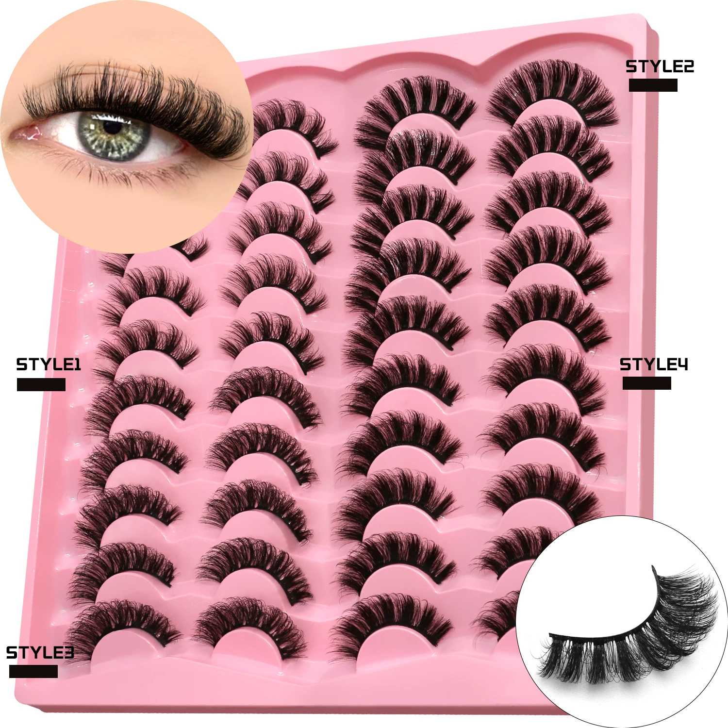 Lasvirey Fake Lashes, flauschige Katzenaugen-Wimpern, natürliches Volumen, 3D-Faux-Nerzwimpern, weich, lockig, gemischter Stil, Vollstreifen-Wimpernverlängerung