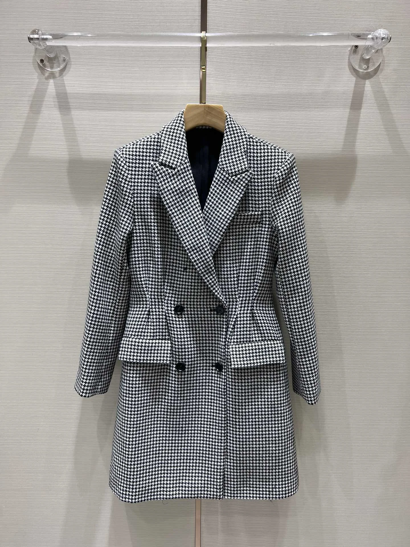 

EVACANDIS Women Tweed Woolen Coat Houndstooth Turn-down Collar Runway Designer Tunic Outwear High Quality Elegant Vintage