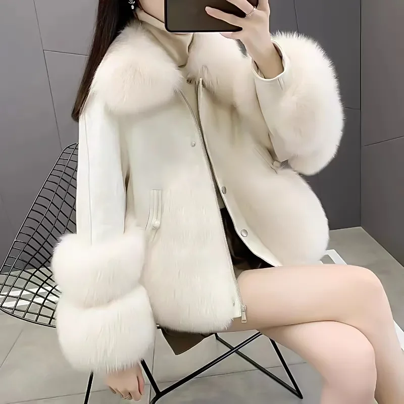 

Sheepskin Genuine Leather Down Jacket Women's Short Outwear Winter New Fox Fur Collar Fur Jacket Korean Loose Thicke Warm Parka