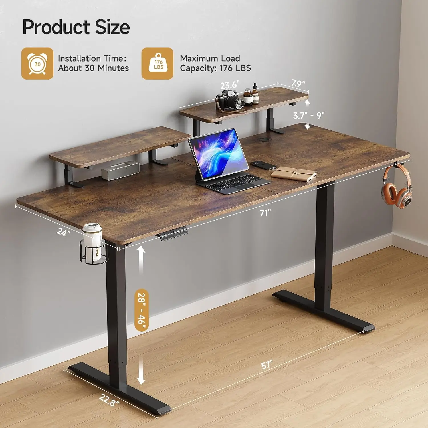 Electric Standing Desk With Dual Monitor Shelves & Memory Controller, 71x24in Height Adjustable 28-46in Workstation, Customized