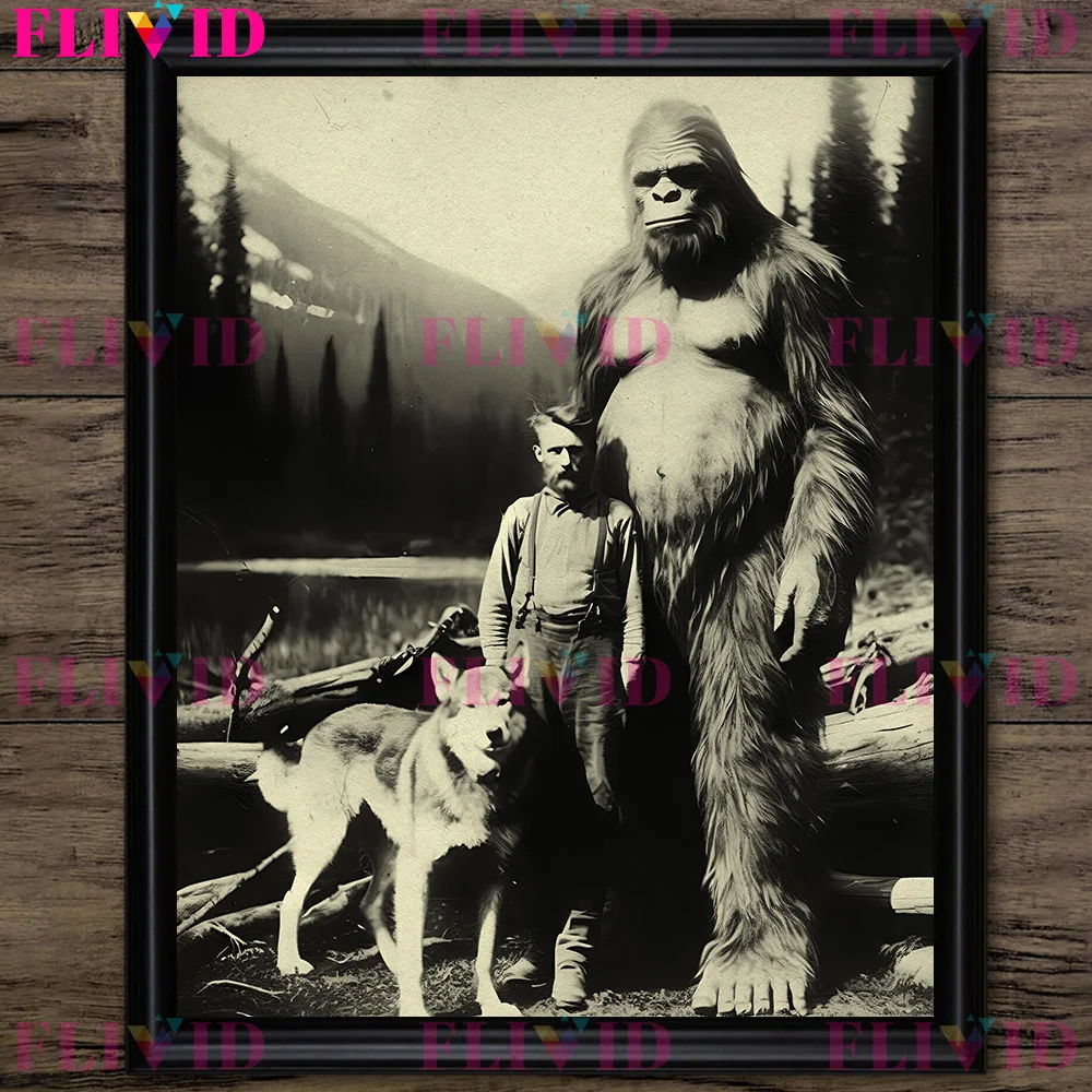 Cryptid Creatures In Folklore Vintage Photography Art Poster Print,Hairy Monster Horror Photo,Retro Wall Art Canvas Print Decor