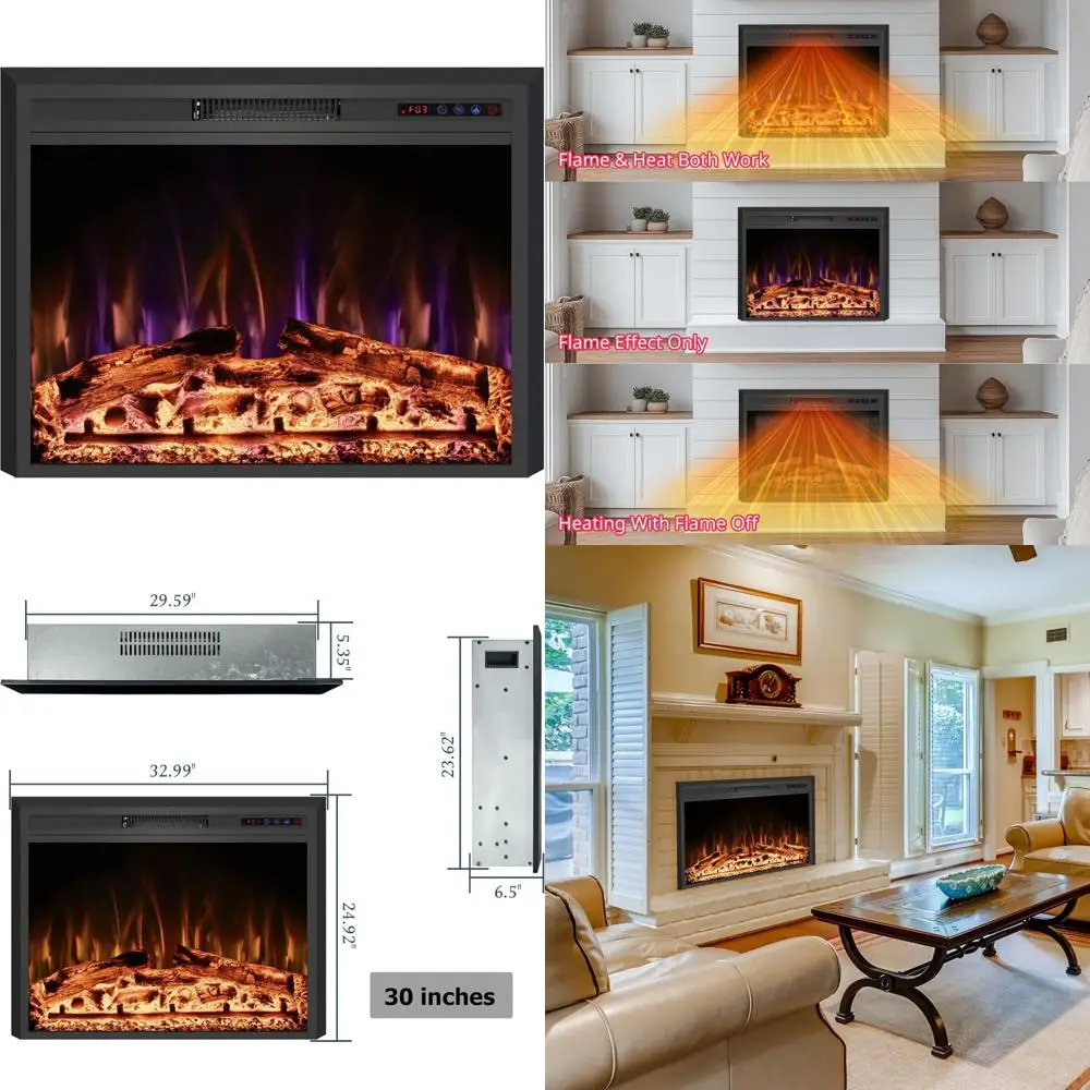 

33 Adjustable Flame Electric Fireplace Insert, Touchscreen & Remote, Recessed Mount, Space-Saving Heater