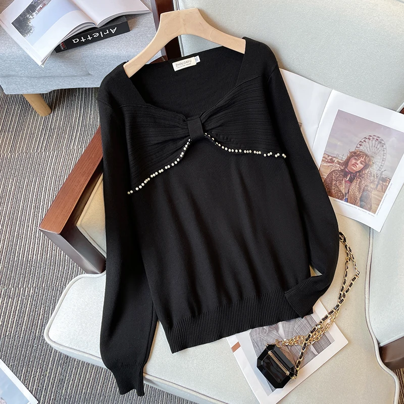 Women's Sweater Ladies Oversize Y2k Aesthetic Tops Pullovers Korean Fashion Beading Long Sleeve Bow Winter Women Clothes