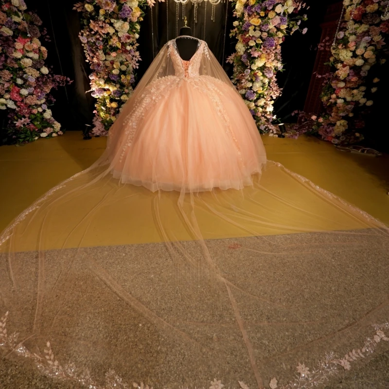 Orange Shiny Quinceanera Dresses Off Shoulder Ball Gown Sweet 16 Dress Applique Flower Beading Crystal Tull With Cape Birthday