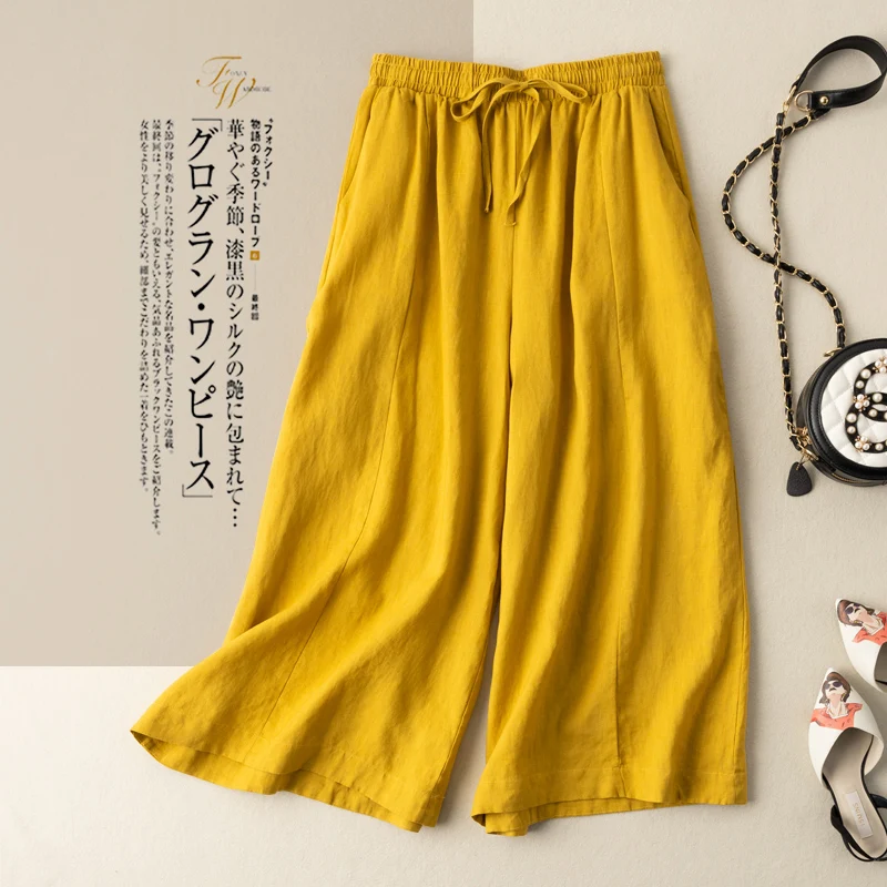 بنطلون واسع الساق من الكتان الفني للنساء، صيفي أبيض رقيق مستقيم من القطن والكتان، خصر عالي فضفاض بمقاسات كبيرة، بنطلون بطول الساق