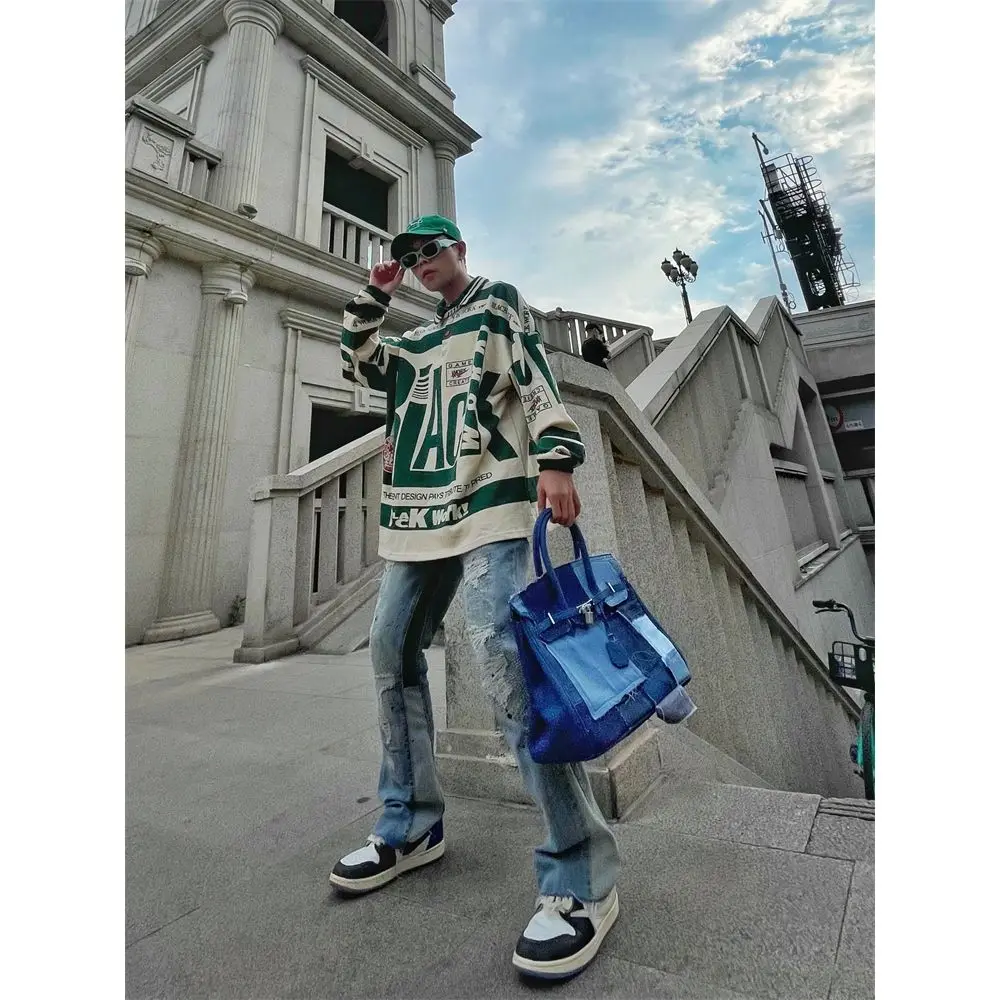 Men Slim Jeans Korean Fashion Splash-ink Casual Pants Blue Trendyol Cargo Trousers Punk Streetwear Man Harajuku Denim Y2k