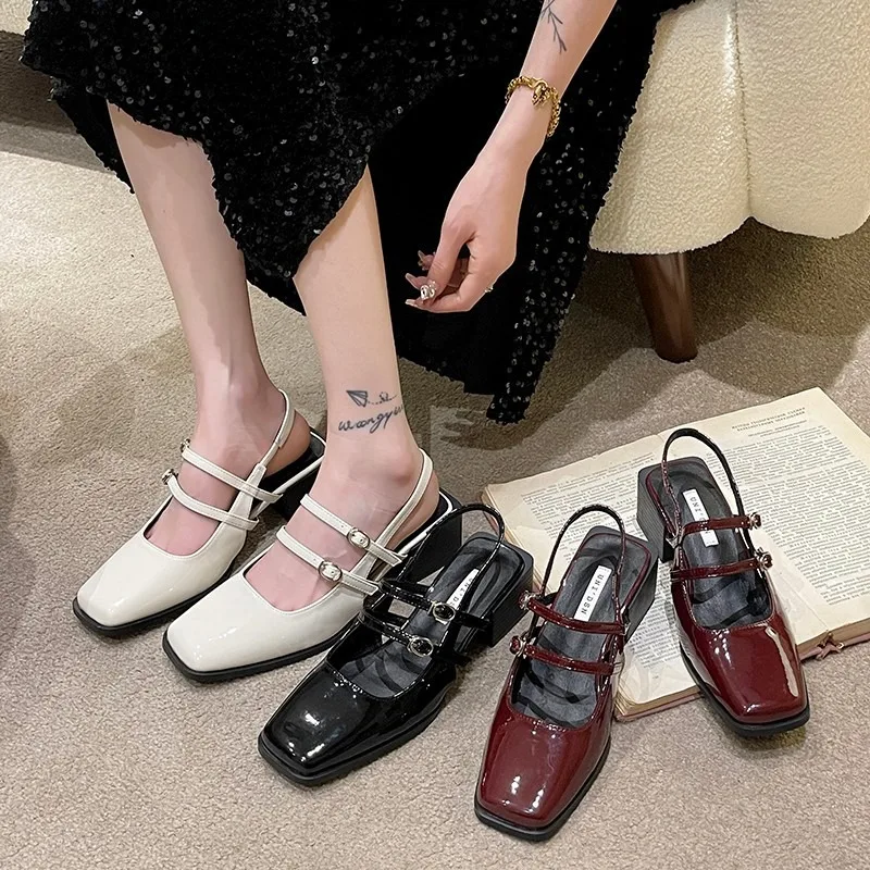 2024 Summer Design Women Sandal Fashion Narrow Band Dress Square Heel Shoes Ladies Outdoor Patent Leather Mary Jane Shoes