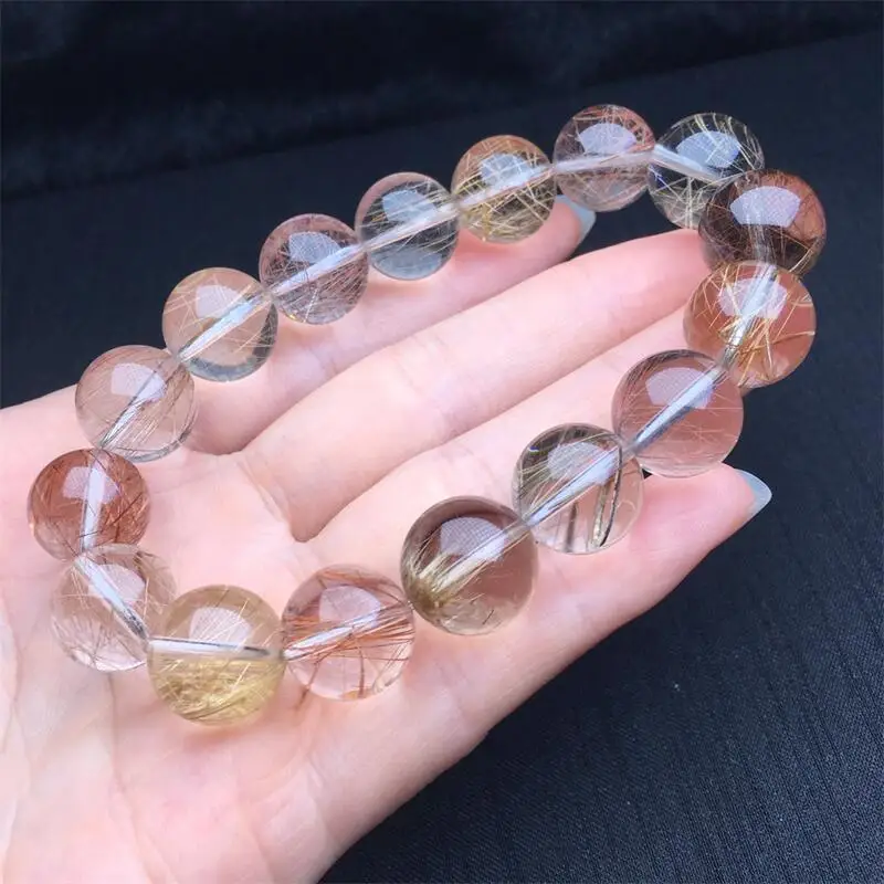 14MM Natural Colored Rutilated Quartz Bracelet String Charms Strand Exquisite Jewelry Gift Healing Crystal Energy Gift 1pcs