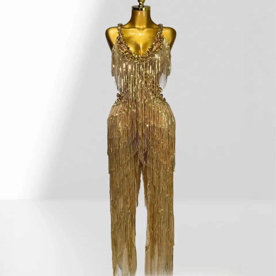 

Sparkling Water Diamond Sequin Low Cut Svel Onesie Par Performance Costume High Waist Wide Leg Pants Seven/Nine Pants