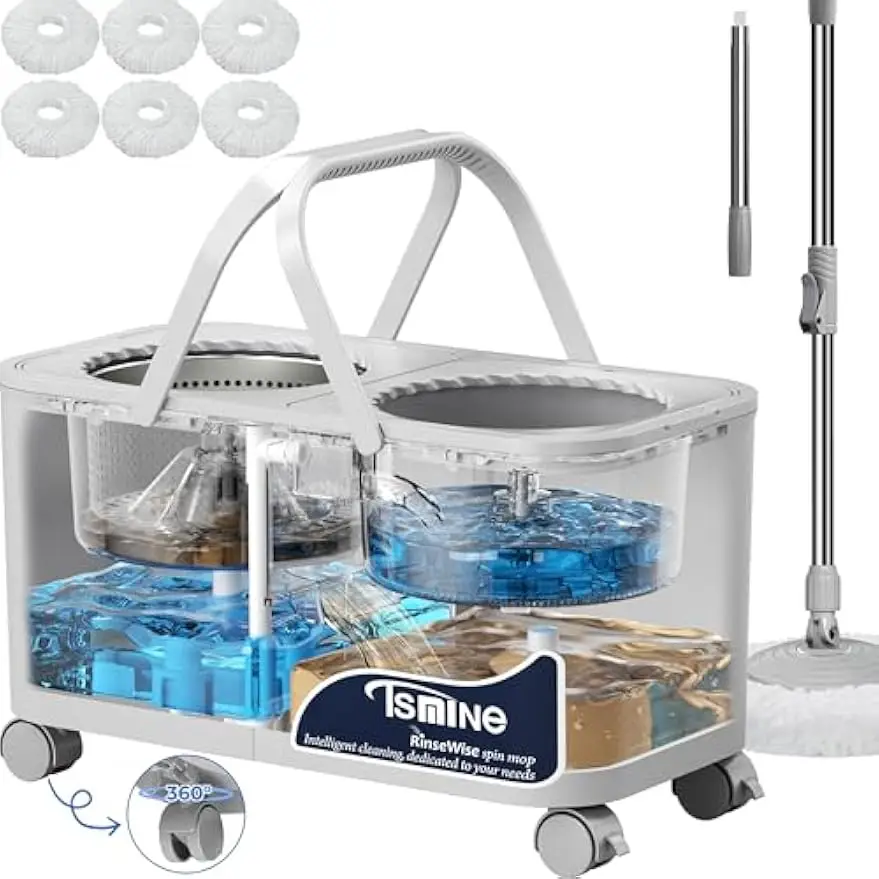 

Compact Spin Mop Set with 360° Wheels, Dual Water Chambers, Space-Saving Design, Long Handle & 6 Microfiber Heads