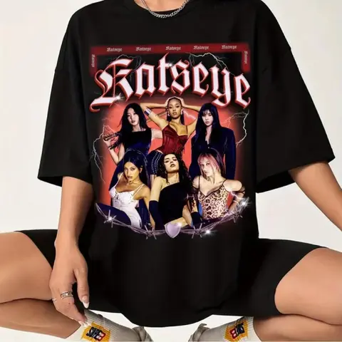 Amerikanischen Hip Hop Retro Katseye Band Muster T-shirt Sommer Neue Retro Mode Männer und Frauen Streetwear Übergroßen T Shirt