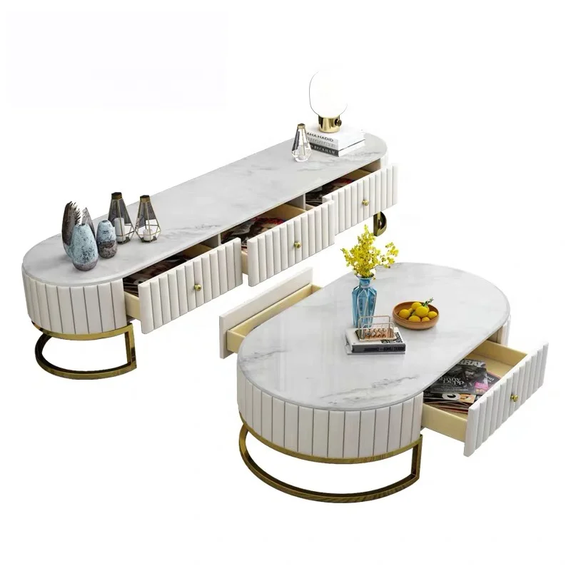 Modern TV cabinet in green and white with marble top stainless steel frame