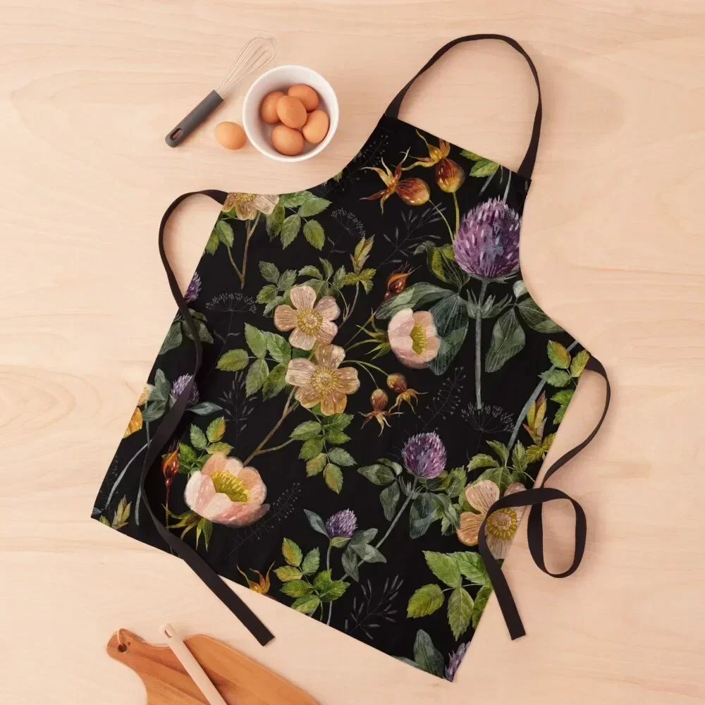 

Watercolor rosehip, clover, forest herbs. Floral pattern on a black background. Apron Salon Korean Camping Apron