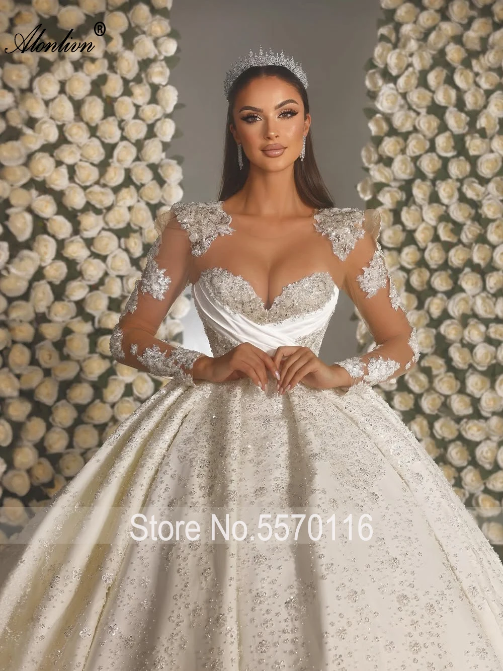 Alonlivn personalizado feito de luxo princesa vestidos de noiva ilusão pescoço miçangas bordado rendas vestido de baile vestidos de casamento