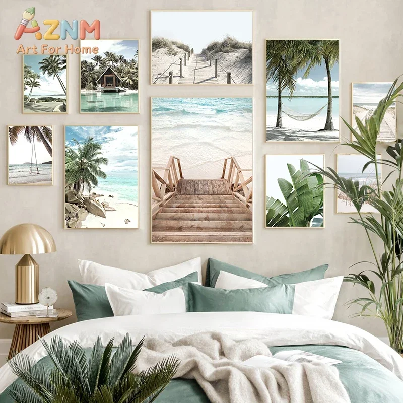 AZNM Tropical Beach Canvas Wall Art Palm Tree Hammock Wooden Walkway Ocean Nature Print for Living Room Bedroom Home Decor Unfra