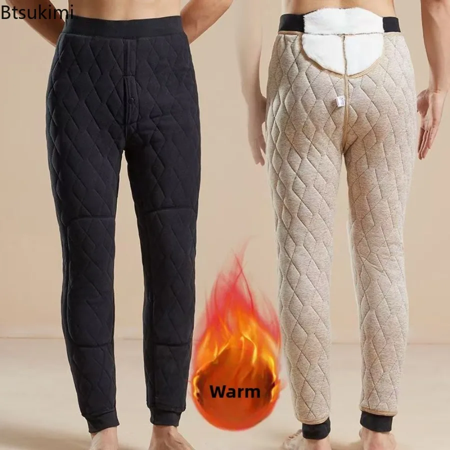 Men Quilted Thick Thermal Underwear Pants Sherpa Lined Knee & Waist Protection Leggings Winter High Waist Cold Resistant Pants