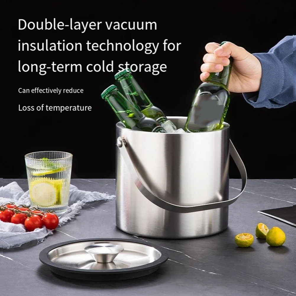 

AT63-Stainless Steel Ice Bucket 3L Double-Wall Vacuum Insulated Includes Ice Tongs & Scoop