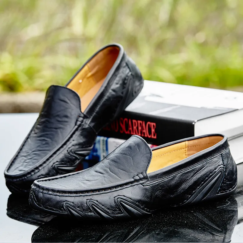 Genuine Leather Men Casual Shoes Brand 2024 Italian Men Loafers Moccasins Breathable Slip on Black Driving Shoes Plus Size 37-47