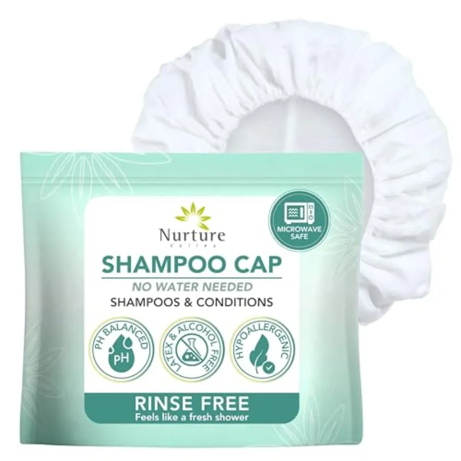 

Water Rinse Free Shampoo Cap by Nurture Microwavable Hair Washing and Conditioning Shower Caps Waterless Bathing Disposable and
