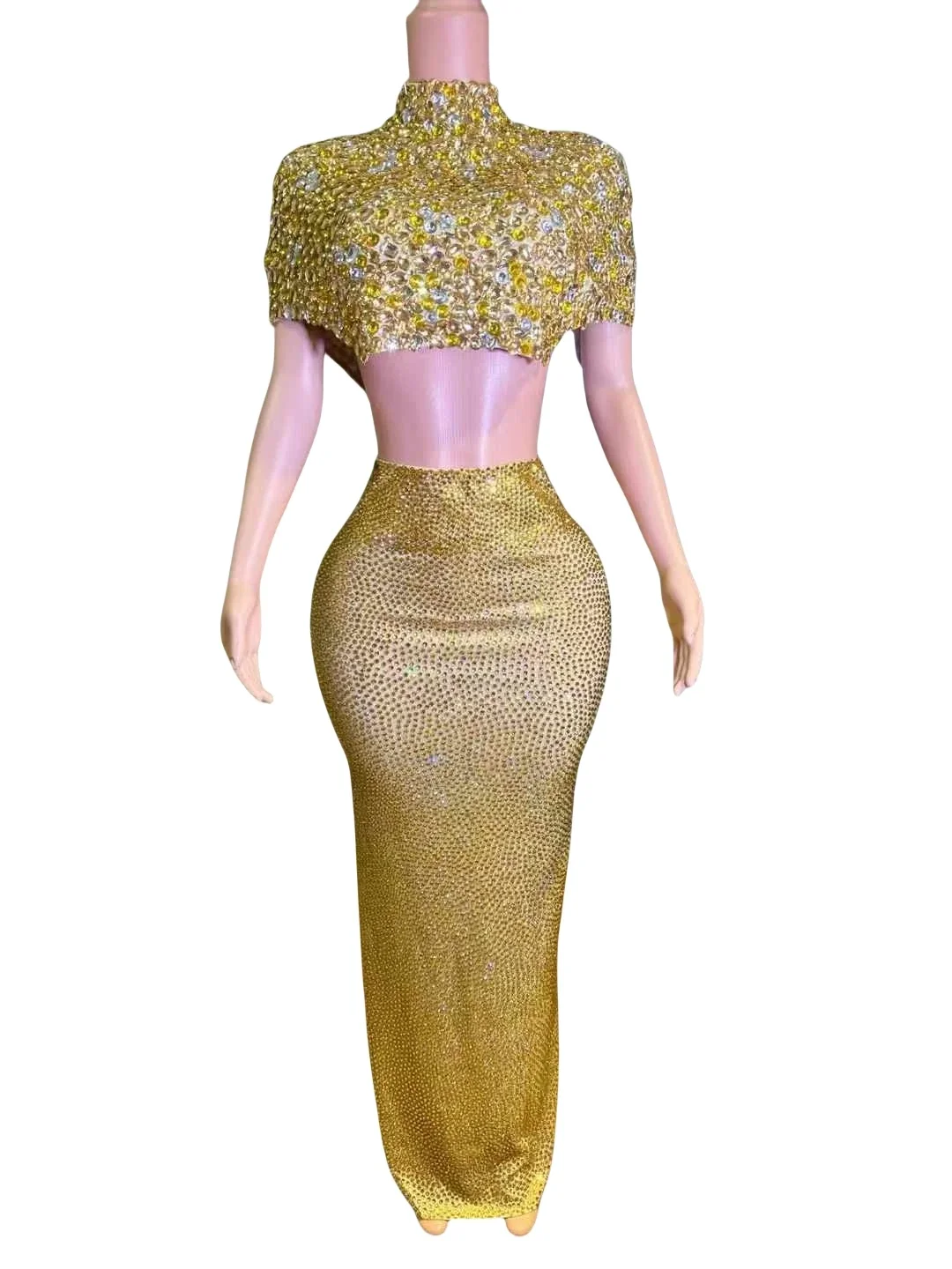 여성용 골드 2피스 크리스탈 탑과 풀 라인스톤 스커트 세트, 이브닝 파티, 생일, 사진 촬영 소품, 무도회 축하용