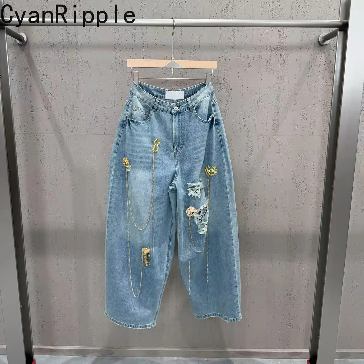 Fashionable New Autumn Denim Splicing Straight Jeans All-match High Waist Metal Chain Tassel Decoration Hole Casual Denim Pants