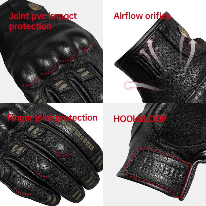 SFK-guantes negros para montar en motocicleta, protección de carcasa dura de PVC, cuero de cabra Real, transpirable, resistente al desgaste,