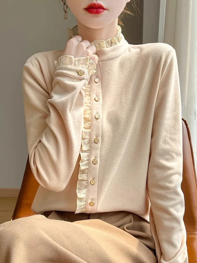 Autumn Winter Thiened Double-sided Velvet Stand Collar irt Women's Ele Slimming Floing Warm Top Outerwear irt