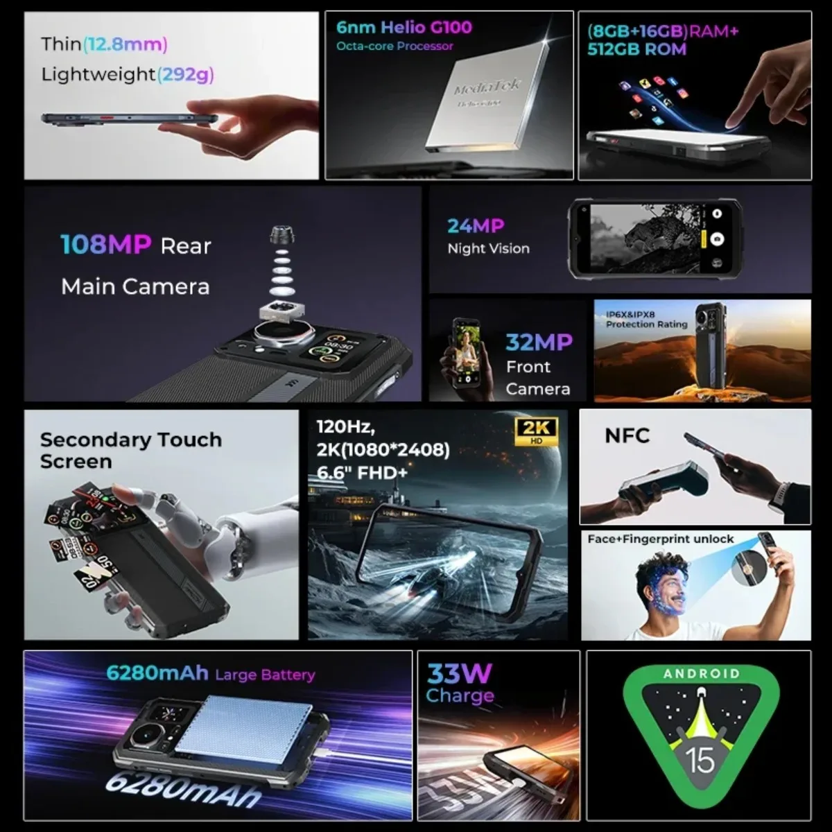 HOTWAV Cyber 16 Pro 4G 6.6“ FHD 1.45 Secondary Screen" Rugged 6280mAh Battery 33W Helio G100 Android 15 8GB 512GB 108MP Phone