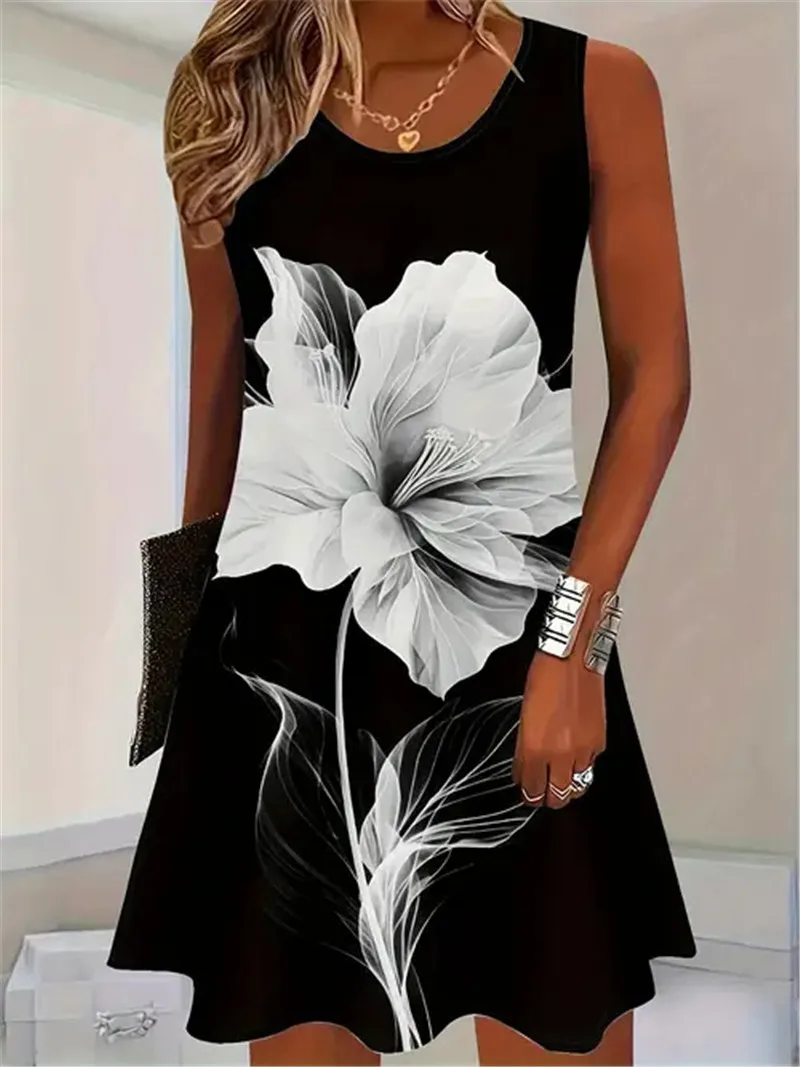 Street Sleeveless Round-Neck Floral Pattern Women Mini Dresses Summer 3D Flower Printed Beach Casual Ladies Dress 3XL Plus Size