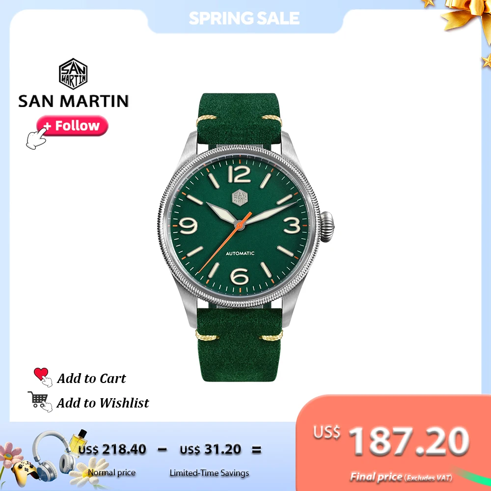 

San Martin 38.5mm Simple Pilot Vintage Style Original Design NH35 Automatic Mechanical Watches for men Sapphire 10Bar SN0033