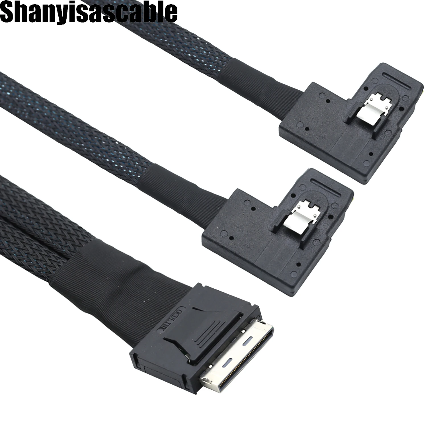 

0.5M SFF-8611 8i Oculink PCIe PCI-Express Slimline SSD to 2X SFF-8087 left angle Data Active Cable