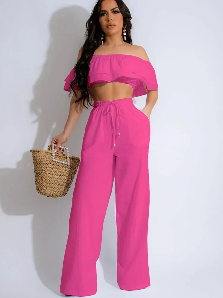 

Elegant Two Piece Outfits Women Clothing Holiday Ruffles Slash Neck Off the Shoulder Crop Top and Wide Leg Pants Matching Sets