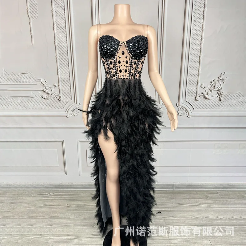 Temperament Pink Fishbone Waist Feather Dress Socialite Birthday High-end Dress Model Catwalk Trendy Clothes Luxury Prom Dresses