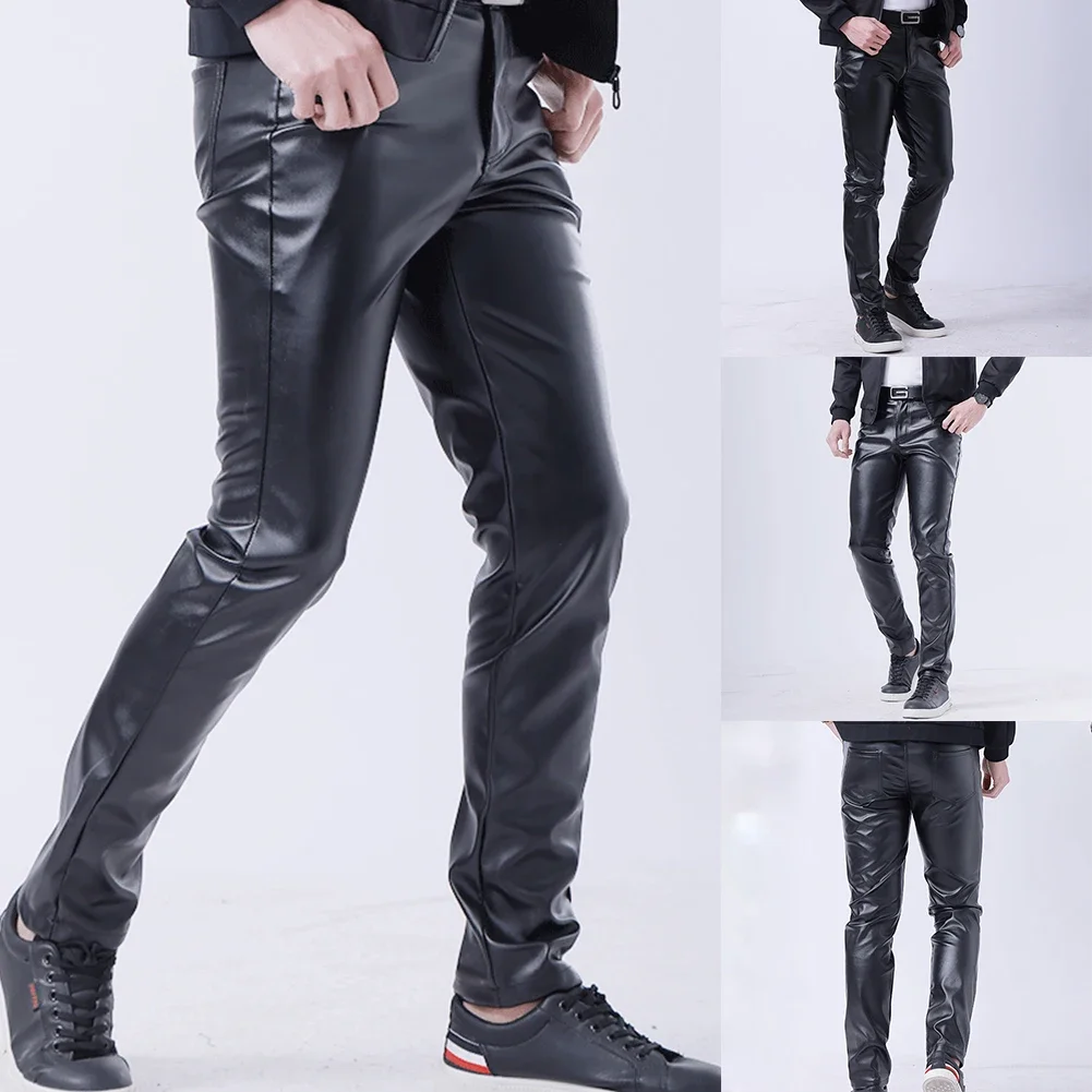

Casual Men Fashion Long Pants PU Leather Nightclub Dance Slim Trousers Clubwear Men's Leather Pant New